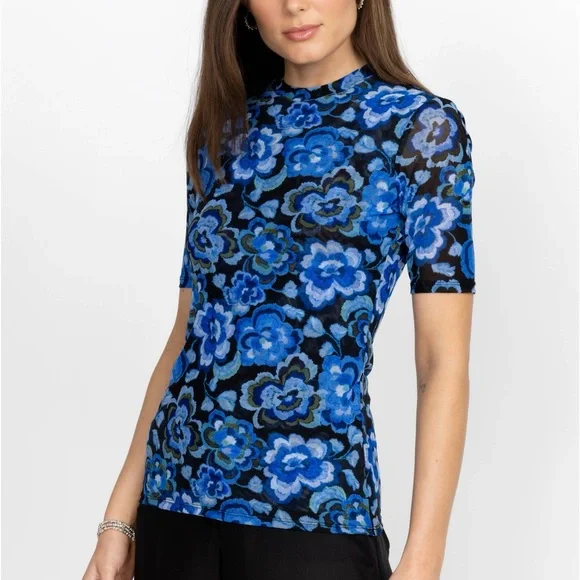 Johnny Was Blue Calanthe Mesh Top Allover Floral Print Stretchy Lg - Picture 1 of 9